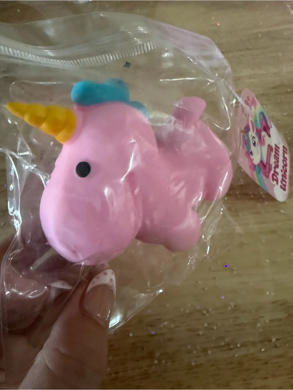 Pink Unicorn Squishy Toy with Yellow Horn and Blue Mane